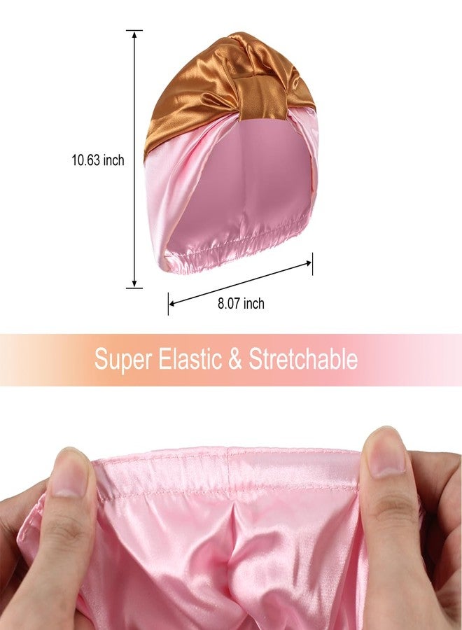 Merdia 10.6 Inches Adjustable Satin Hair Bonnet for Sleeping | Elastic Non-Slip Reusable Shower Hair Caps for Women | Double Layers Shower Cap for Women | Satin Silk Bonnet for Curly Hairs (Khaki & Pink) - Image 2