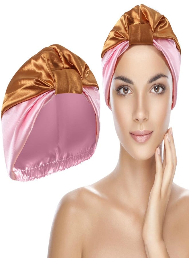 Merdia 10.6 Inches Adjustable Satin Hair Bonnet for Sleeping | Elastic Non-Slip Reusable Shower Hair Caps for Women | Double Layers Shower Cap for Women | Satin Silk Bonnet for Curly Hairs (Khaki & Pink) - Image 1
