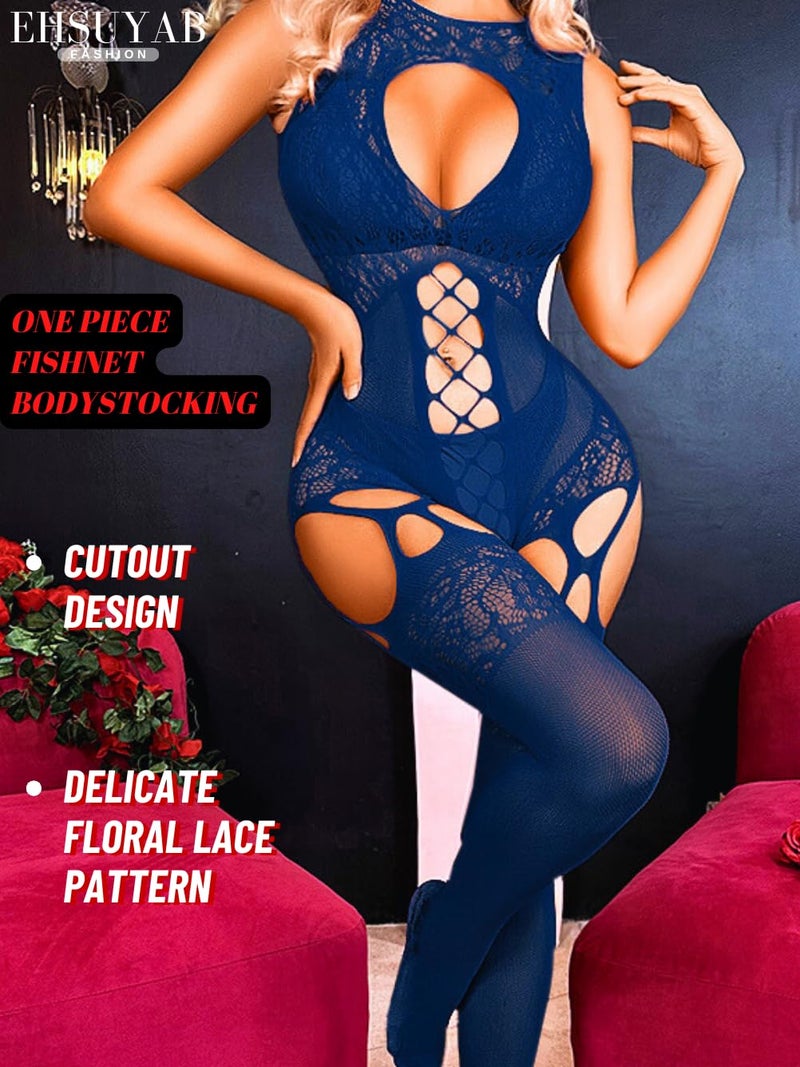 EHSUYAB Women Body Stockings Sexy, Exotic Dancer Fishnets Lingerie Glow Party, Fishnet Bodysuit Rave Outfits Club Plus Size Navy Blue - Image 2