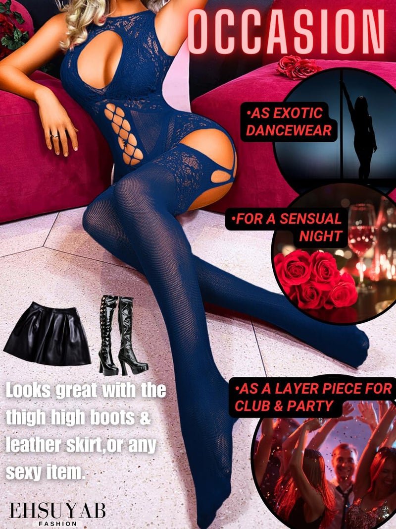 EHSUYAB Women Body Stockings Sexy, Exotic Dancer Fishnets Lingerie Glow Party, Fishnet Bodysuit Rave Outfits Club Plus Size Navy Blue - Image 4