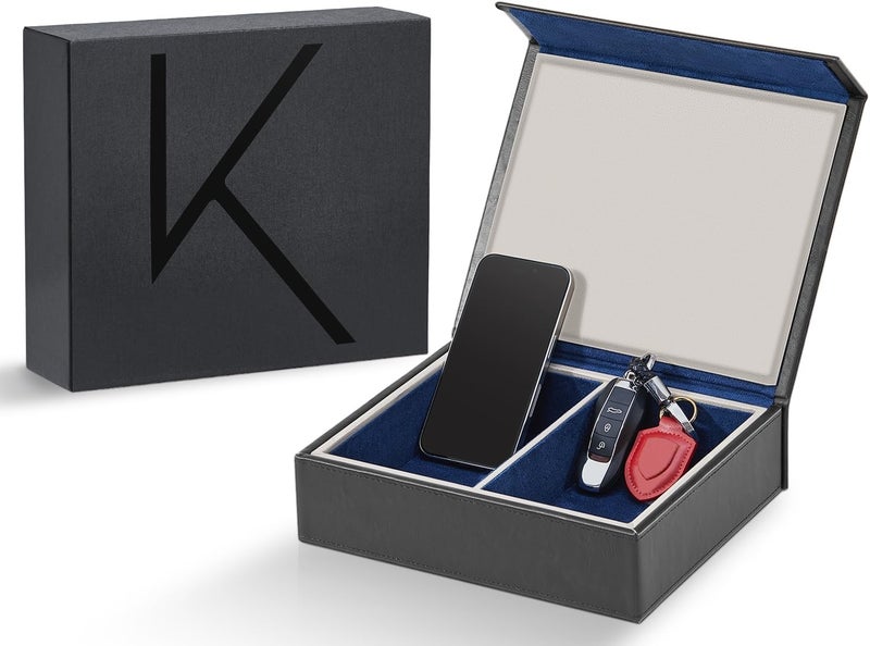 KENARK KK7 PLUS-DB Faraday Key Fob Protector Box with 2 Slots, RFID Signal Blocking Shielding Box for Car Keys, Anti-Theft Vintage Faraday Cage with High-Grade Protein Leather, Black & Blue - Size: XL - Image 1