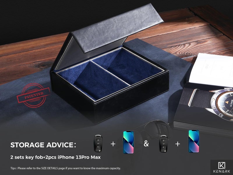 KENARK KK7 PLUS-DB Faraday Key Fob Protector Box with 2 Slots, RFID Signal Blocking Shielding Box for Car Keys, Anti-Theft Vintage Faraday Cage with High-Grade Protein Leather, Black & Blue - Size: XL - Image 4