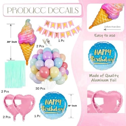 Pop The Party 39 Pieces Happy Birthday Decoration Kit | Ice Cream Foil Balloons Theme For Birthday Decorations Items - Image 2