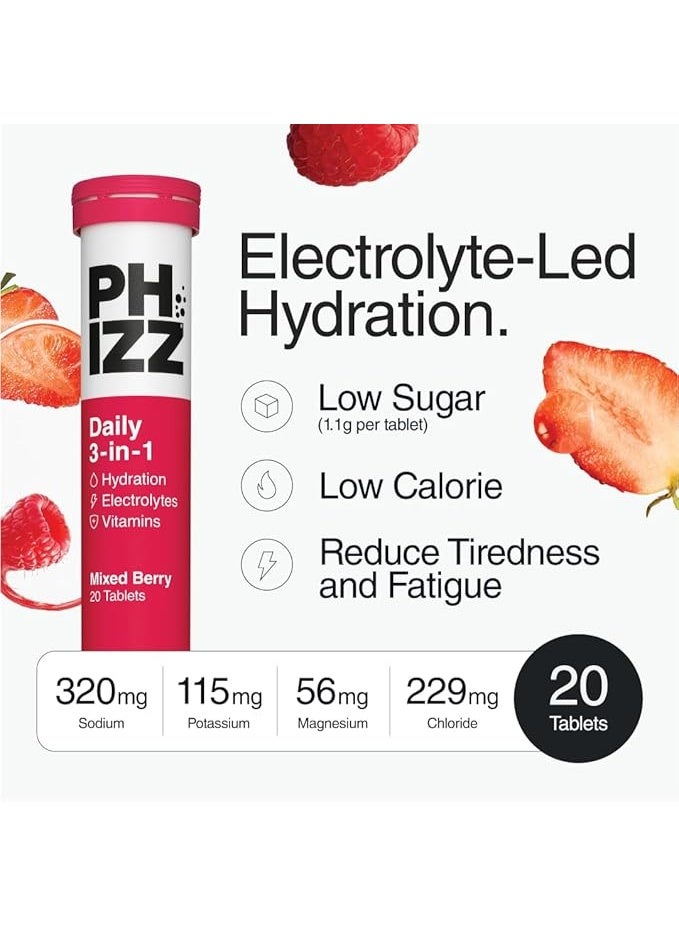 PHIZZ Daily 3-in-1 Mixed Berry Hydration, Energy & Immune Support 20 Effervescent Tablets - Image 2