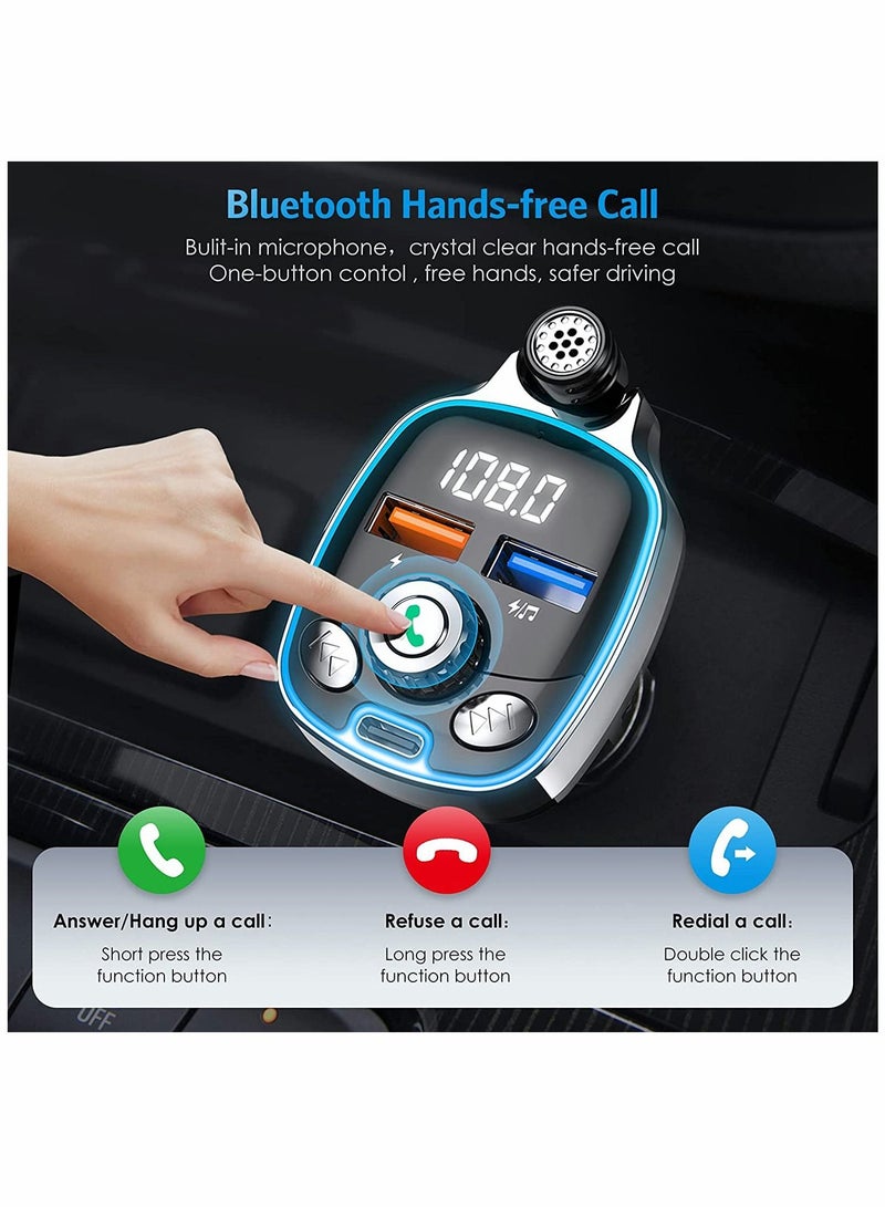 SYOSI Bluetooth 5.0 FM Transmitter, for Car, 7 Colors LED Backlit Car Radio Bluetooth Adapter Type-C & Dual-Port USB Charger Supports USB Flash Drive, TF Card - Image 4