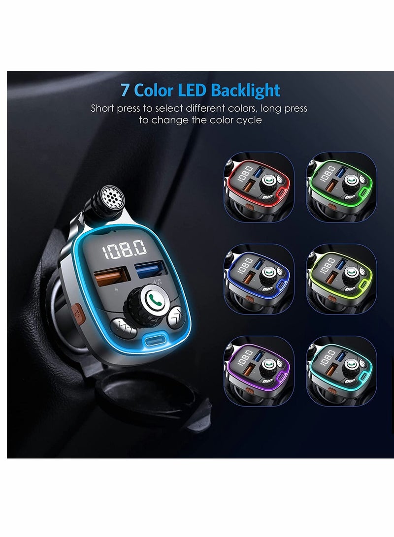 SYOSI Bluetooth 5.0 FM Transmitter, for Car, 7 Colors LED Backlit Car Radio Bluetooth Adapter Type-C & Dual-Port USB Charger Supports USB Flash Drive, TF Card - Image 5
