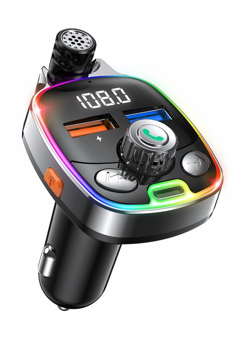 SYOSI Bluetooth 5.0 FM Transmitter, for Car, 7 Colors LED Backlit Car Radio Bluetooth Adapter Type-C & Dual-Port USB Charger Supports USB Flash Drive, TF Card - Image 1
