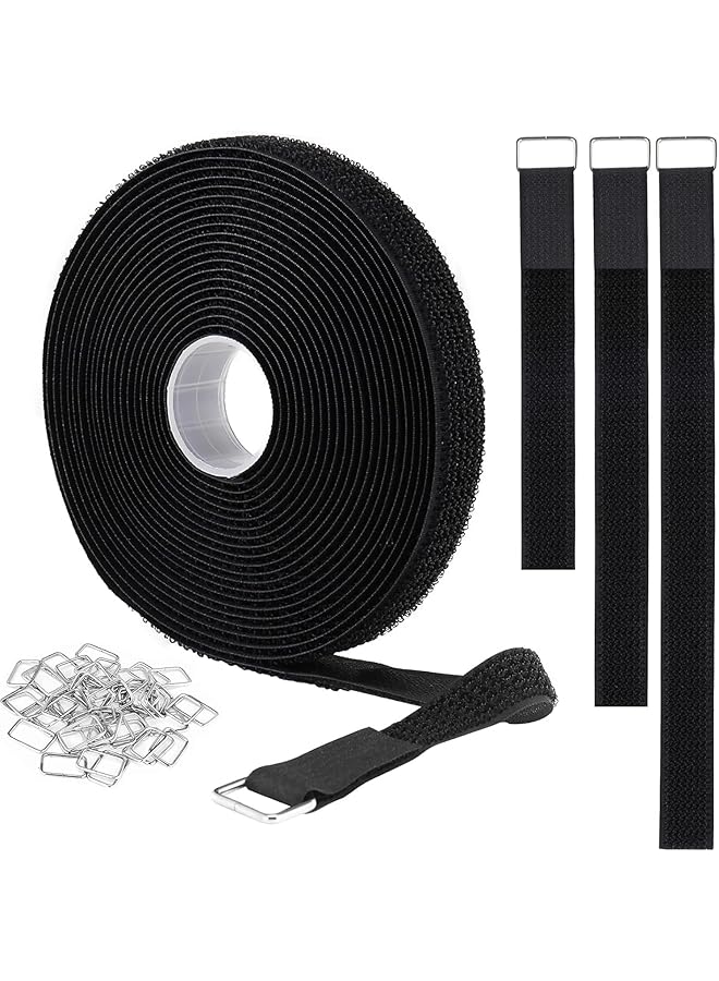 Green Tiger 1" x 16ft Hook and Loop Straps with 25 Metal Buckles, Adjustable Nylon Cable Ties, Cut-to-Length Reusable Fastening Cord for Organizing, Storage & DIY Projects - Black - Image 1