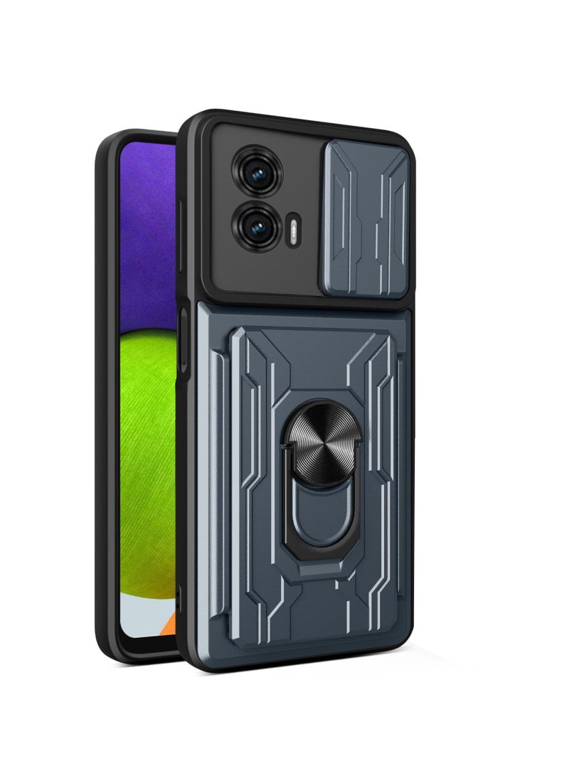 Motorola Moto G73 5G Mobile Phone Case Cover with Card Holder, Slide Camera Lens Cover, 360°Rotating Kickstand Ring, Bumper Shockproof Phone Case 