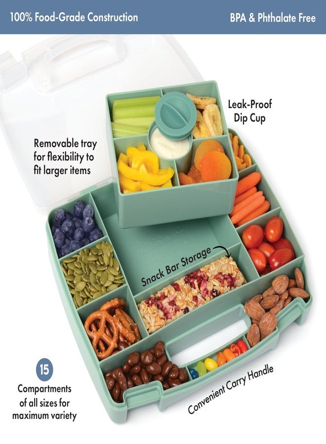 PrimaStella Snacktainer Travel Snack Box - 15 Compartment Snackle Box with Handle and Removable Tray with Leakproof Dip Cup - for Snacks, Road Trips, Airplane Travel (Green) - Image 2