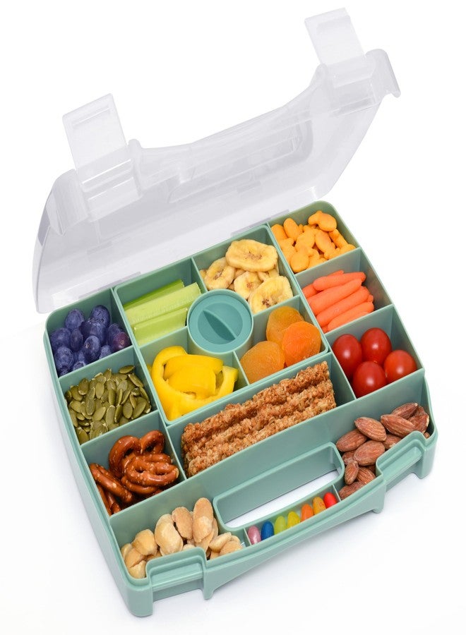PrimaStella Snacktainer Travel Snack Box - 15 Compartment Snackle Box with Handle and Removable Tray with Leakproof Dip Cup - for Snacks, Road Trips, Airplane Travel (Green) - Image 1