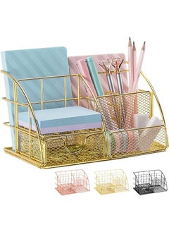 Desk Organizer Mesh Office Supplies Desk Accessories Features 5 Compartments + 1 Mini Sliding Drawer All In One Office Supplies Office Desk Organizers And Storage Plating Gold