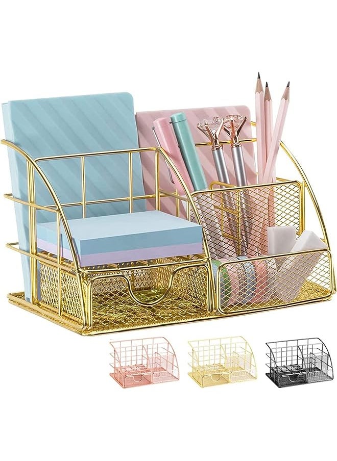 erorex - Desk Organizer Mesh Office Supplies Desk Accessories Features 5 Compartments + 1 Mini Sliding Drawer All In One Office Supplies Office Desk Organizers And Storage Plating Gold - Image 1