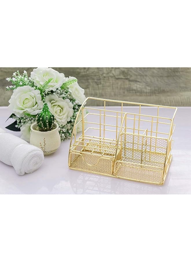 erorex - Desk Organizer Mesh Office Supplies Desk Accessories Features 5 Compartments + 1 Mini Sliding Drawer All In One Office Supplies Office Desk Organizers And Storage Plating Gold - Image 1