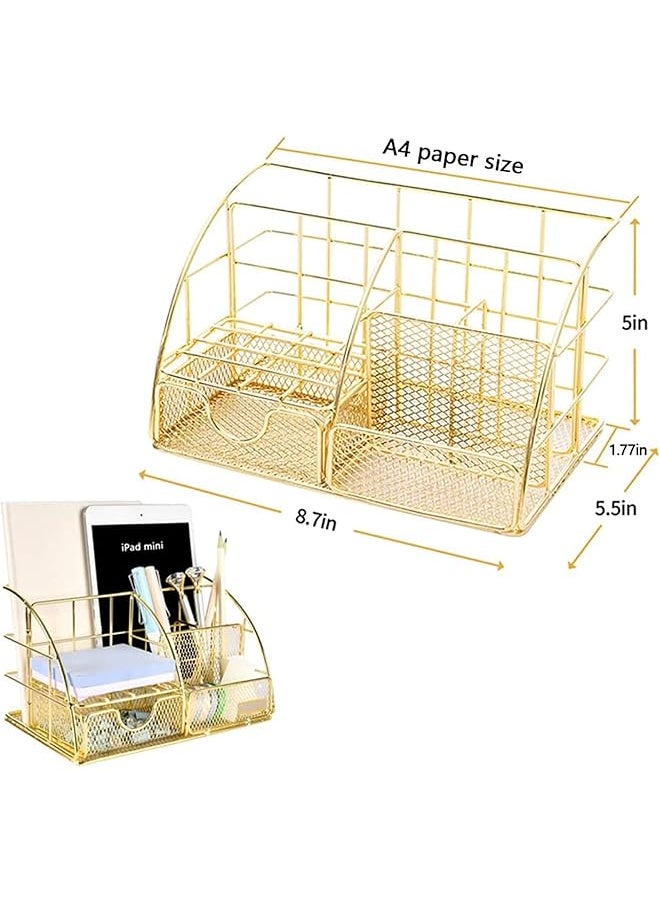 erorex - Desk Organizer Mesh Office Supplies Desk Accessories Features 5 Compartments + 1 Mini Sliding Drawer All In One Office Supplies Office Desk Organizers And Storage Plating Gold - Image 1