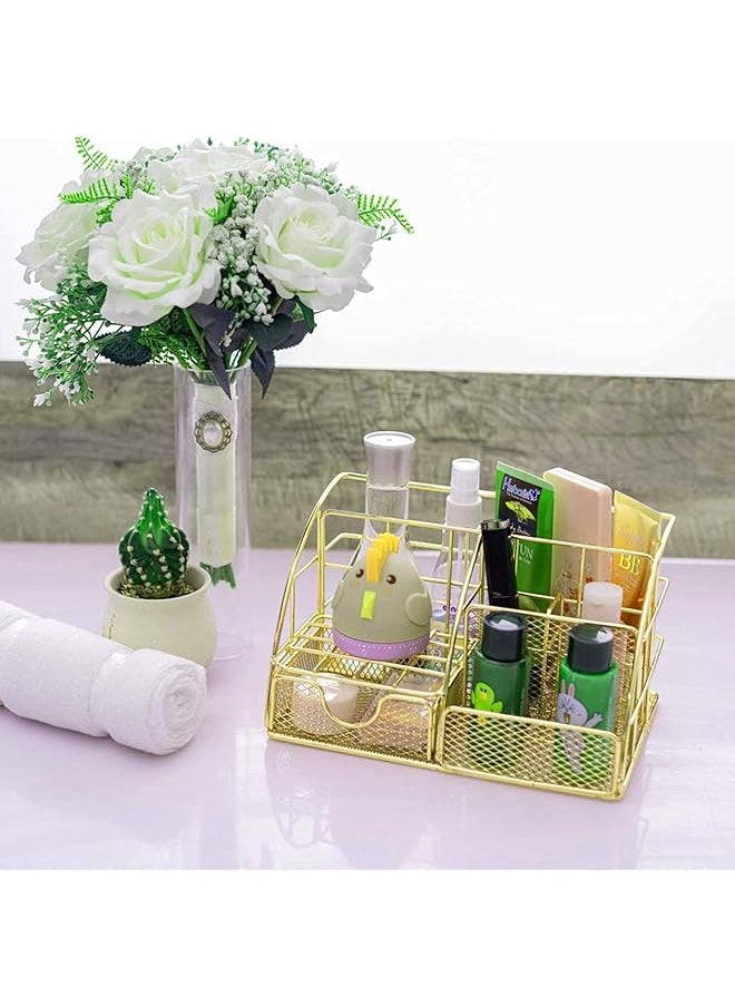 erorex - Desk Organizer Mesh Office Supplies Desk Accessories Features 5 Compartments + 1 Mini Sliding Drawer All In One Office Supplies Office Desk Organizers And Storage Plating Gold - Image 1