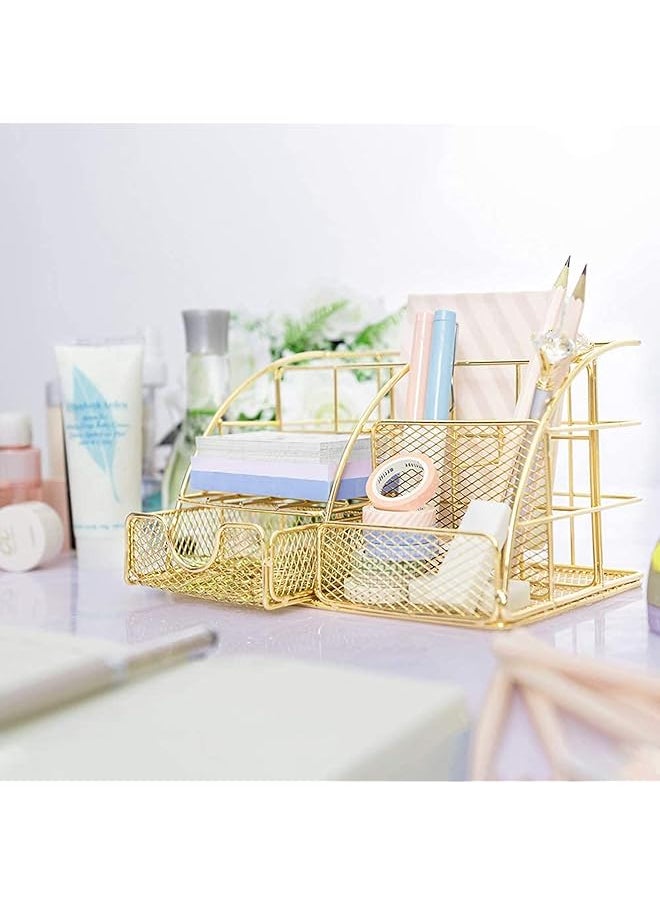 erorex - Desk Organizer Mesh Office Supplies Desk Accessories Features 5 Compartments + 1 Mini Sliding Drawer All In One Office Supplies Office Desk Organizers And Storage Plating Gold - Image 1