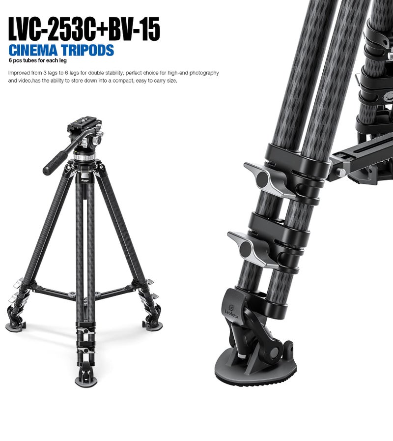 Leofoto Leofoto LVC-253C+BV-15 King Kong Series Carbon Fiber Dual Leg Video Tripod w Fluid Head & Middle Spreader  - Image 2