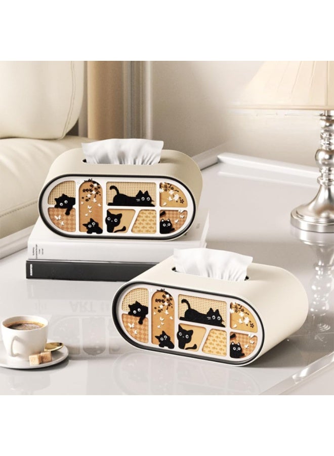 Luxury Leather Tissue Box Cover, Oval Shape with Cat Pattern Design, Milk Tea Color, Desktop Napkin Holder for Home, Living Room, Car, Hotel - Image 2
