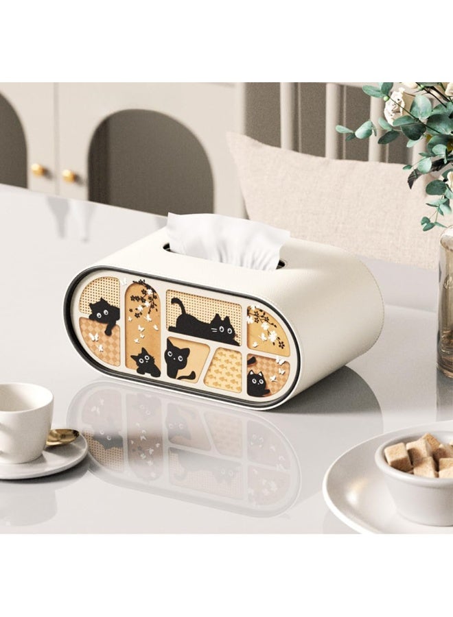 Luxury Leather Tissue Box Cover, Oval Shape with Cat Pattern Design, Milk Tea Color, Desktop Napkin Holder for Home, Living Room, Car, Hotel - Image 3
