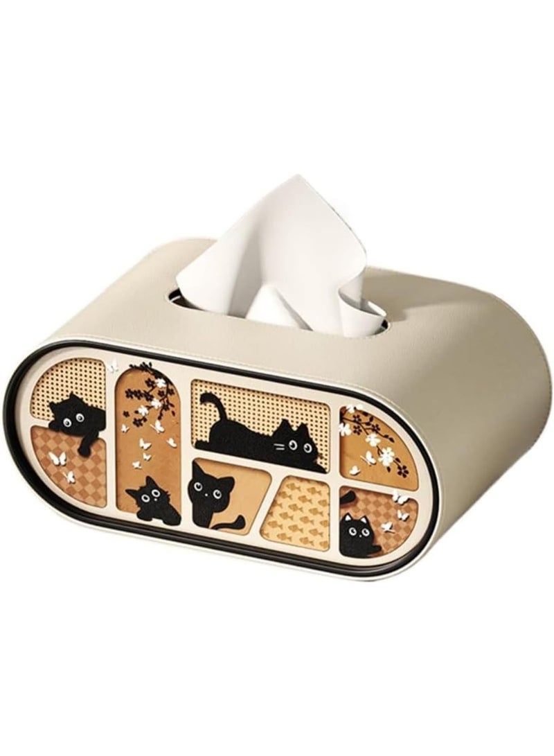 Luxury Leather Tissue Box Cover, Oval Shape with Cat Pattern Design, Milk Tea Color, Desktop Napkin Holder for Home, Living Room, Car, Hotel - Image 1