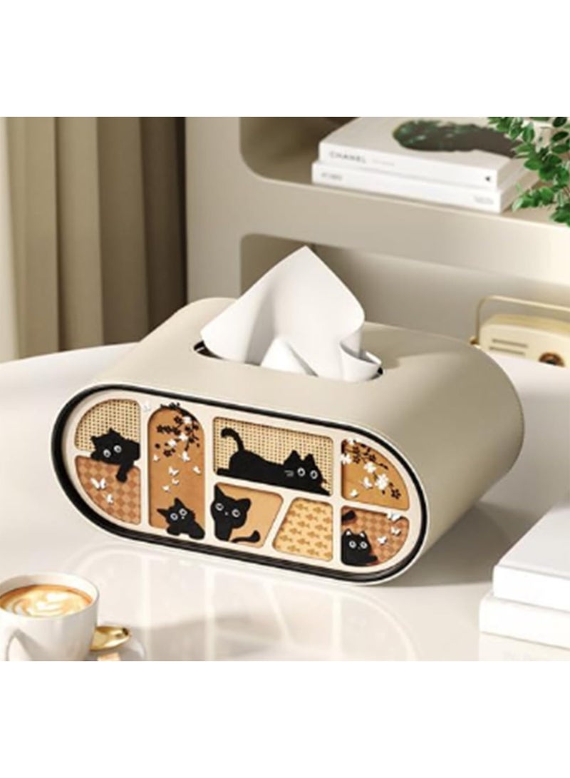 Luxury Leather Tissue Box Cover, Oval Shape with Cat Pattern Design, Milk Tea Color, Desktop Napkin Holder for Home, Living Room, Car, Hotel - Image 5