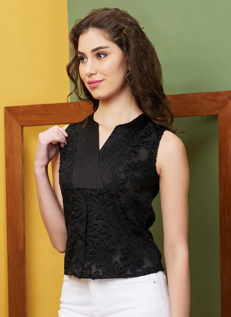 globus Globus Women Black Self Design Pleated Detail Party Round Neck Top