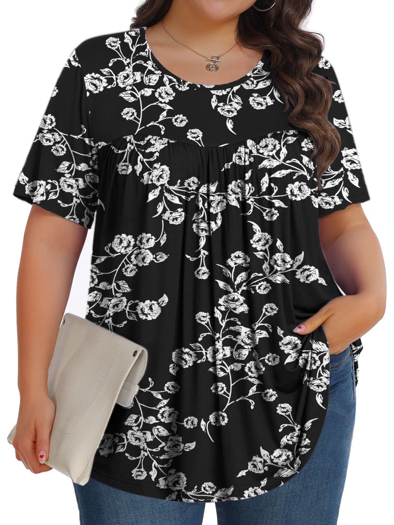 Tencede Womens Plus Size Tops Tunic Short Sleeve Crew Neck Shirts Casual Soft Blouse Black Rose 3X - Image 1