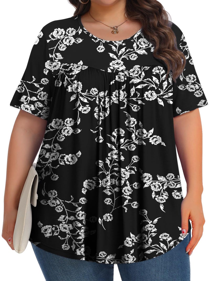 Tencede Womens Plus Size Tops Tunic Short Sleeve Crew Neck Shirts Casual Soft Blouse Black Rose 3X - Image 3