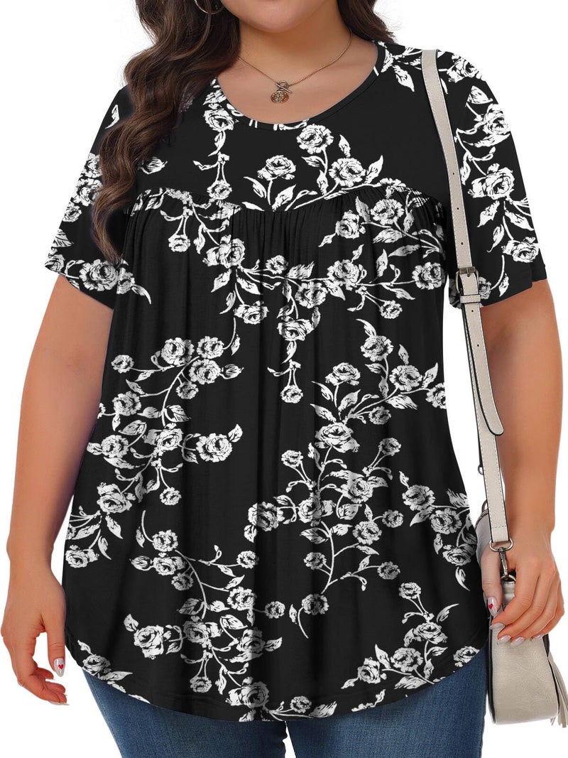 Tencede Womens Plus Size Tops Tunic Short Sleeve Crew Neck Shirts Casual Soft Blouse Black Rose 3X - Image 2