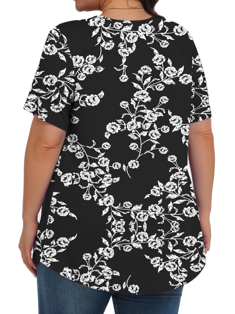 Tencede Womens Plus Size Tops Tunic Short Sleeve Crew Neck Shirts Casual Soft Blouse Black Rose 3X - Image 4