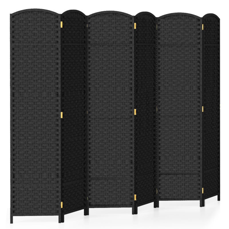 COSTWAY 6 Panel Folding Room Divider HandWoven Wicker Freestanding Wall Privacy Screen Protector Solid Wood Frame Paravent Partition Separator for Bedroom Living Room Office 240x170cm Black