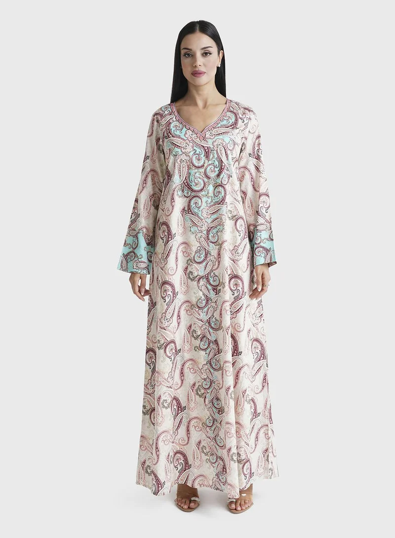 KASHKHA Multi Paisley Printed Cotton Satin Stone Work Jalabiya (VDU619)