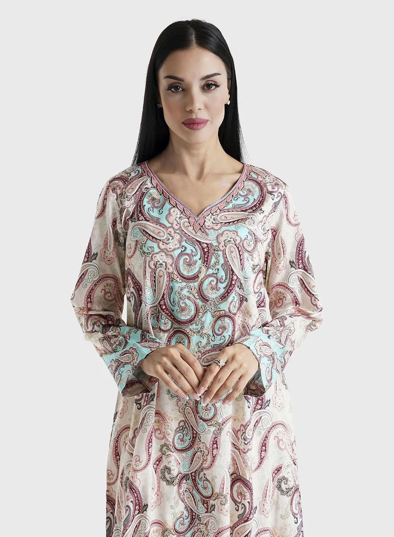 KASHKHA Multi Paisley Printed Cotton Satin Stone Work Jalabiya (VDU619)