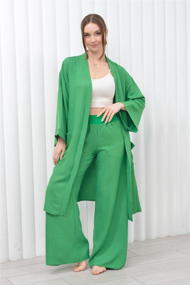 Nuseel Women's Linen Pocket Belted Long Kimono-Pants Two Piece Set Green  - Image 4