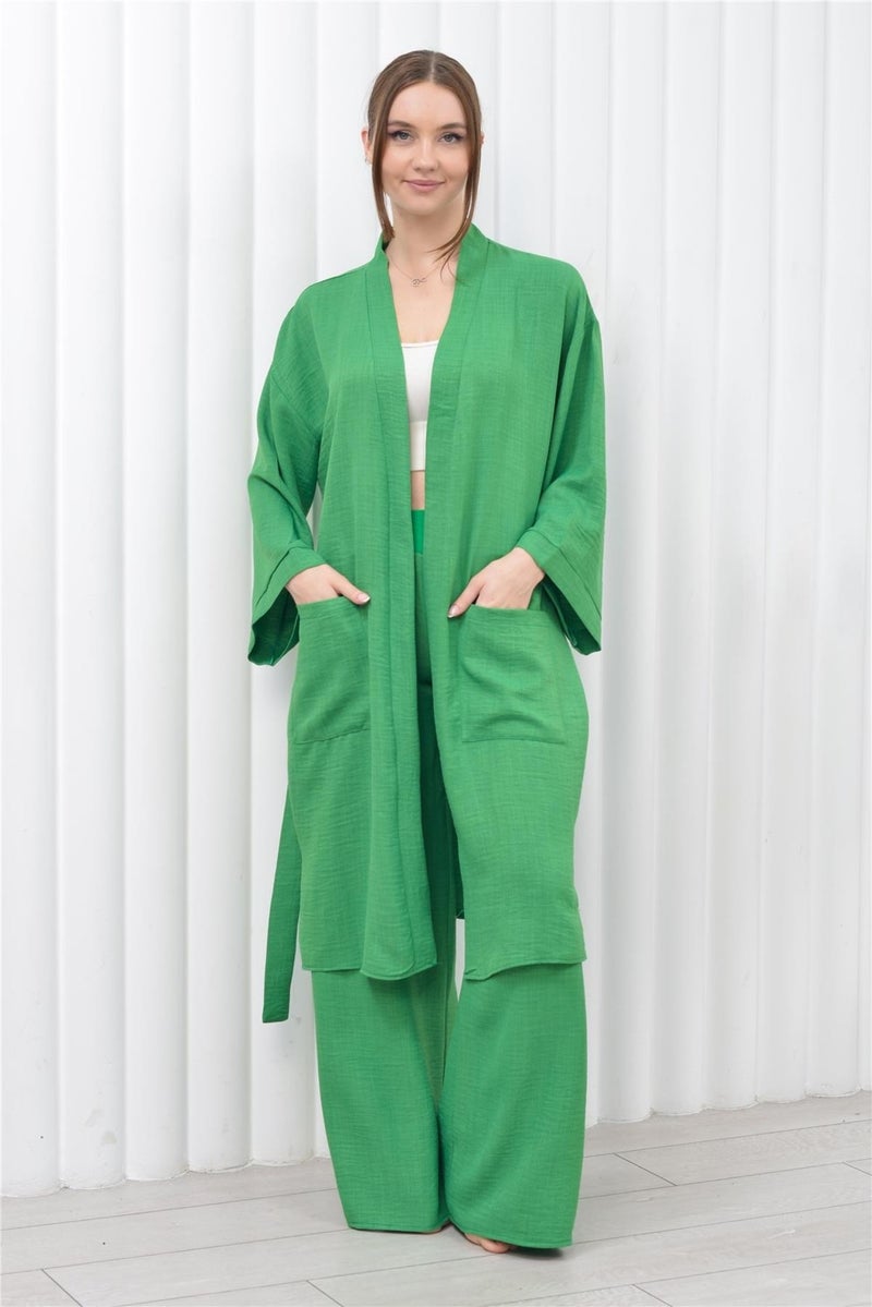 Nuseel Women's Linen Pocket Belted Long Kimono-Pants Two Piece Set Green  - Image 5