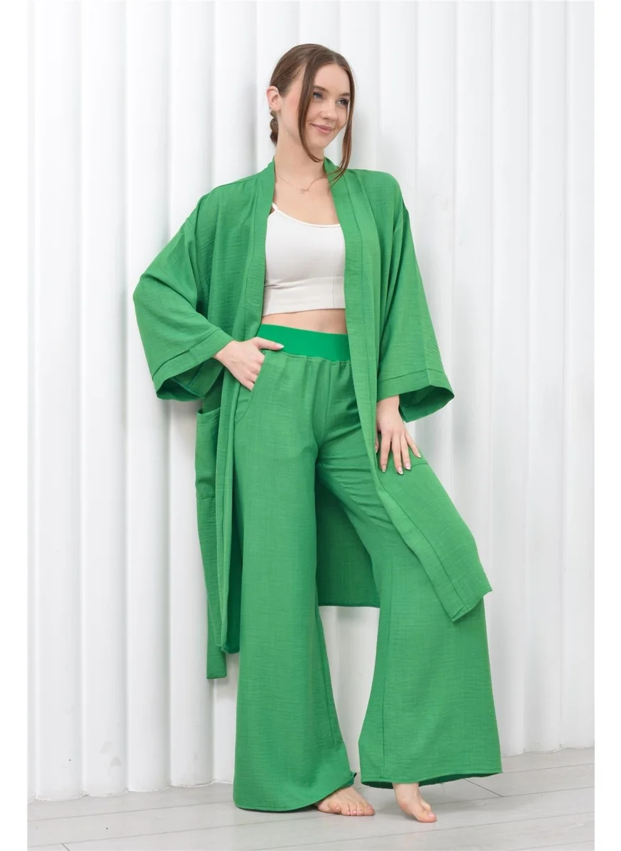 نوسيل Women's Linen Pocket Belted Long Kimono-Pants Two Piece Set Green