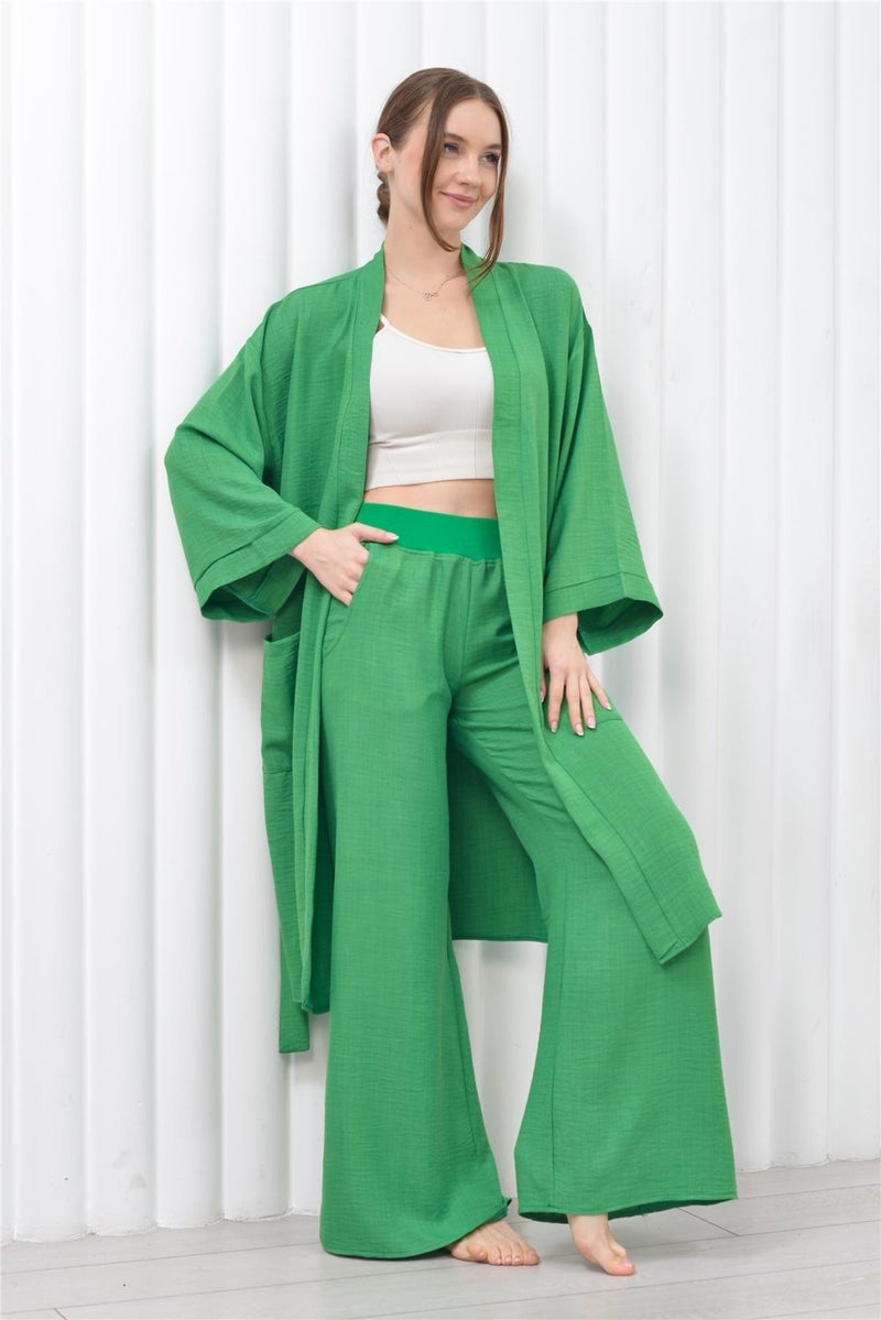 Nuseel Women's Linen Pocket Belted Long Kimono-Pants Two Piece Set Green  - Image 1
