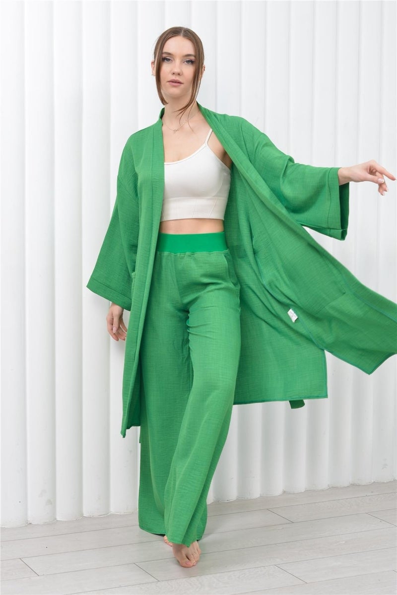 Nuseel Women's Linen Pocket Belted Long Kimono-Pants Two Piece Set Green  - Image 3