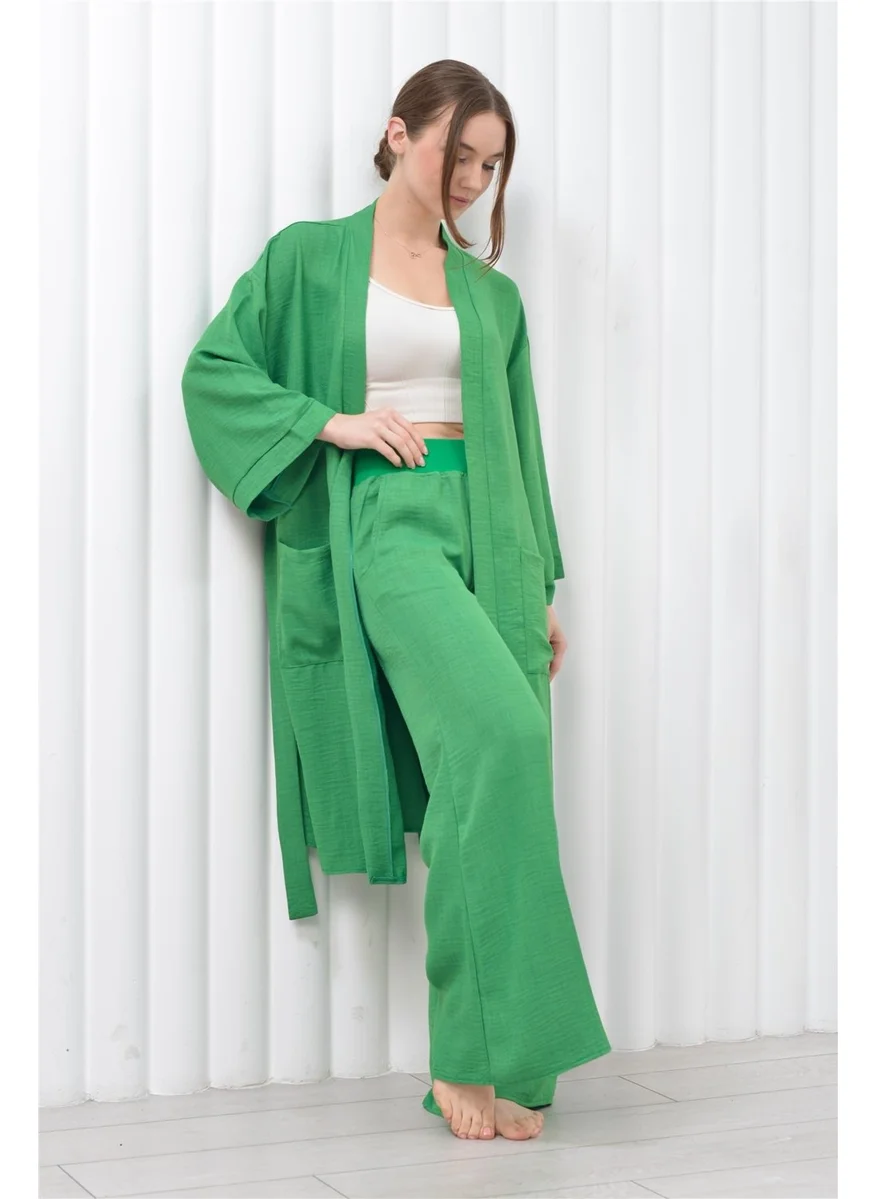 نوسيل Women's Linen Pocket Belted Long Kimono-Pants Two Piece Set Green