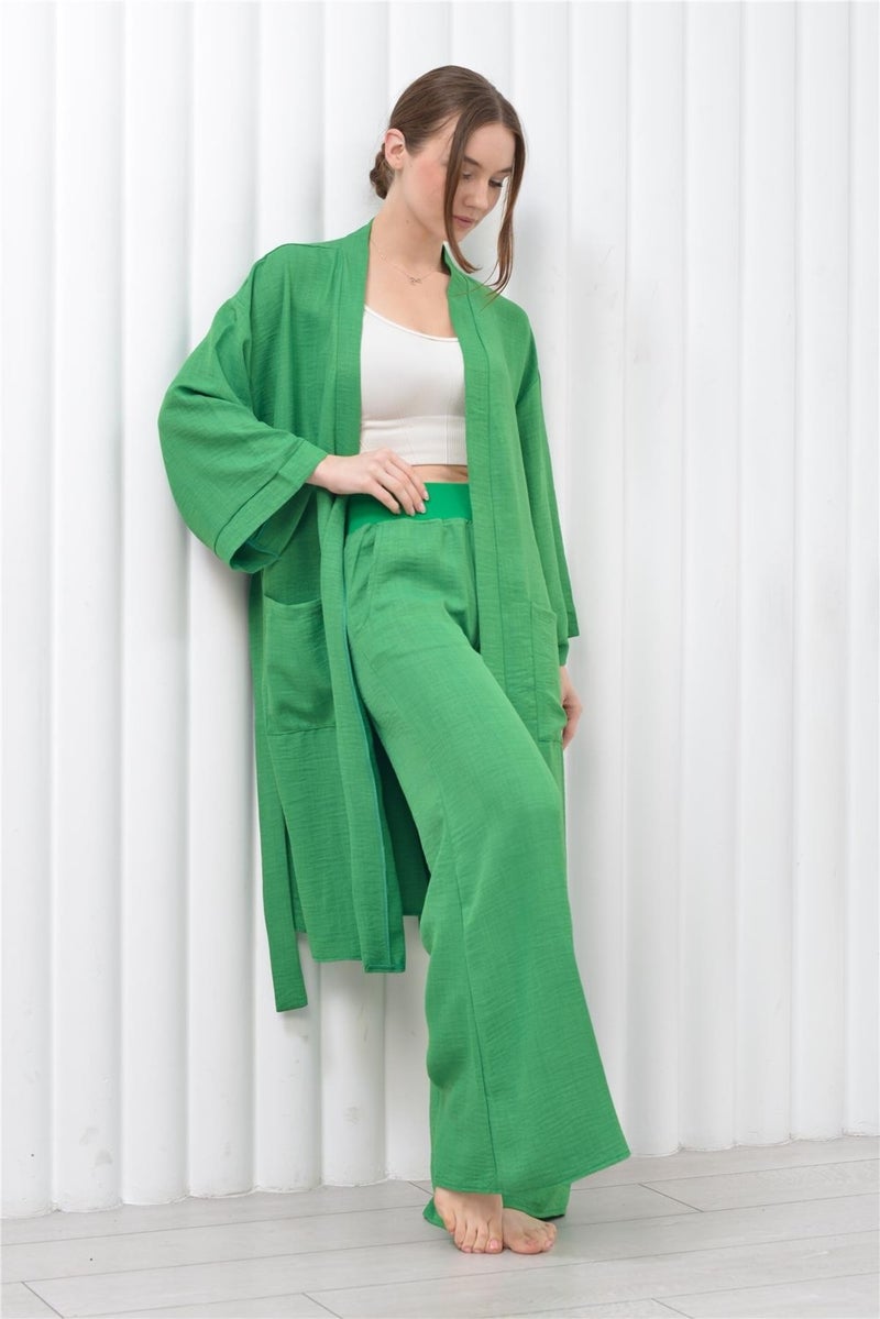 Nuseel Women's Linen Pocket Belted Long Kimono-Pants Two Piece Set Green  - Image 2