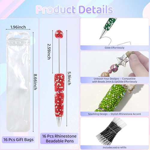 DASTTUIS 48 Pcs DIY Diamond Beadable Pen Kit - 16 Plastic Rhinestone Beaded Pens Bulk with Refills & Bags - Beaded Pen Kit for Students & Teachers – School Projects, Office Gifts (Multicolor) - Image 2