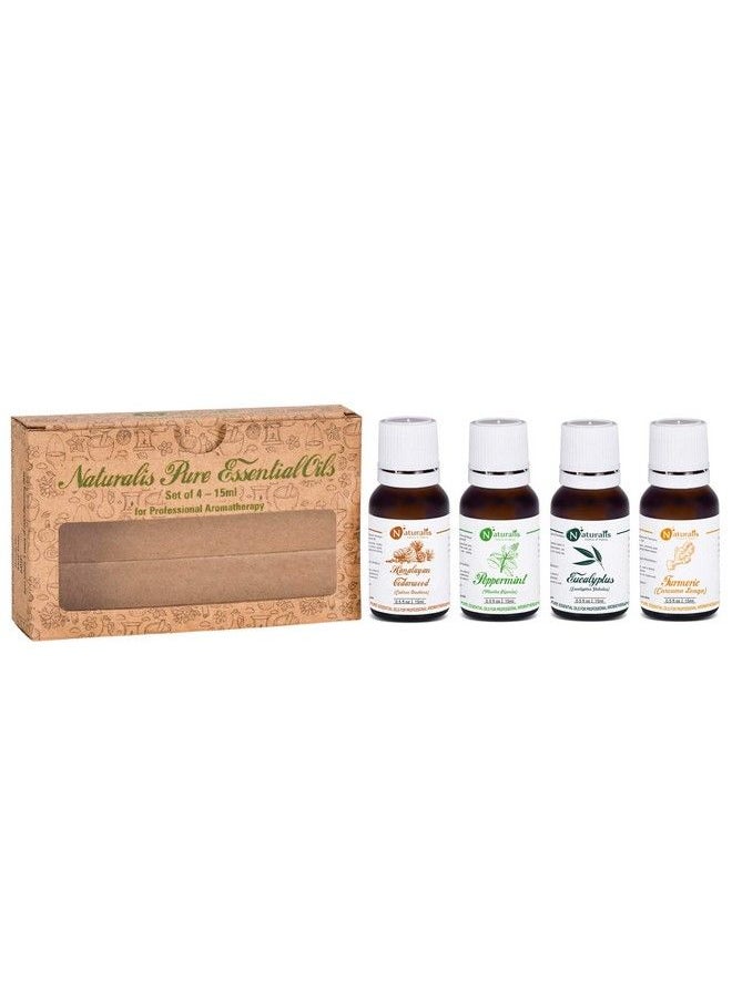 Naturalis 15Ml Essential Oil Gift Pack Of 4 For Health Care (Cedarwood Oil Peppermint Oil Eucalyptus Oil Turmeric Oil)  - Image 1