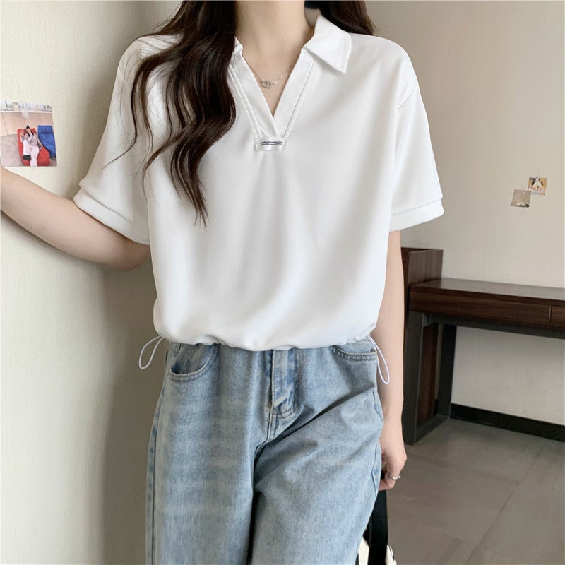 TikTok Polo Shirt Short-sleeved T-shirt Womens Summer Wear Loose Student Girlfriend Short Half-sleeved V-neck Drawstring Top Black  - Image 5