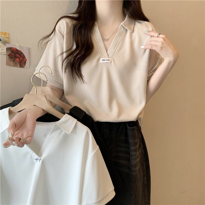 TikTok Polo Shirt Short-sleeved T-shirt Womens Summer Wear Loose Student Girlfriend Short Half-sleeved V-neck Drawstring Top Black  - Image 3