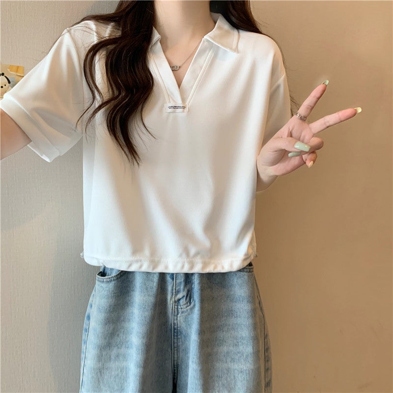 TikTok Polo Shirt Short-sleeved T-shirt Womens Summer Wear Loose Student Girlfriend Short Half-sleeved V-neck Drawstring Top Black  - Image 2
