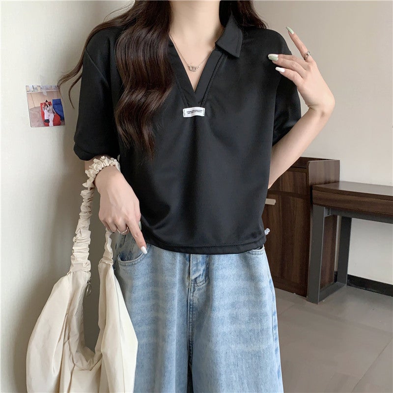 TikTok Polo Shirt Short-sleeved T-shirt Womens Summer Wear Loose Student Girlfriend Short Half-sleeved V-neck Drawstring Top Black  - Image 1