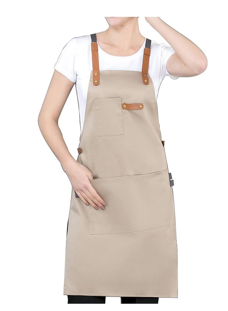 Excefore Kitchen Chef Cotton Canvas Apron Barber Works Shop Cooking Cross Back Aprons for Women Men with Pockets (Khaki) Gift for Birthday Valentine's Day Thanksgiving - Image 2