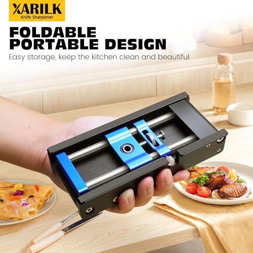 XARILK Foldable Portable Knife Sharpening System, Adjustable Knife Sharpener Kit with 3 PCS Aluminum Plates Diamonds (320#, 800#, 2000#), Blade Flips Without Removal, for Hunting, Kitchen Knives - Image 5