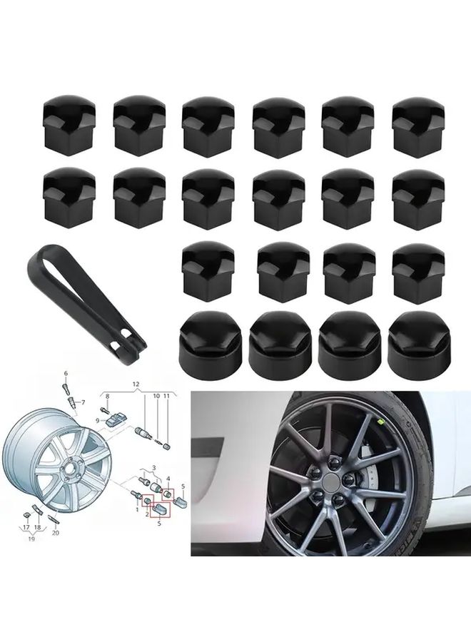 Set Of 20 Black Wheel Bolt Nut Cap Covers With Removal Tool - Image 1